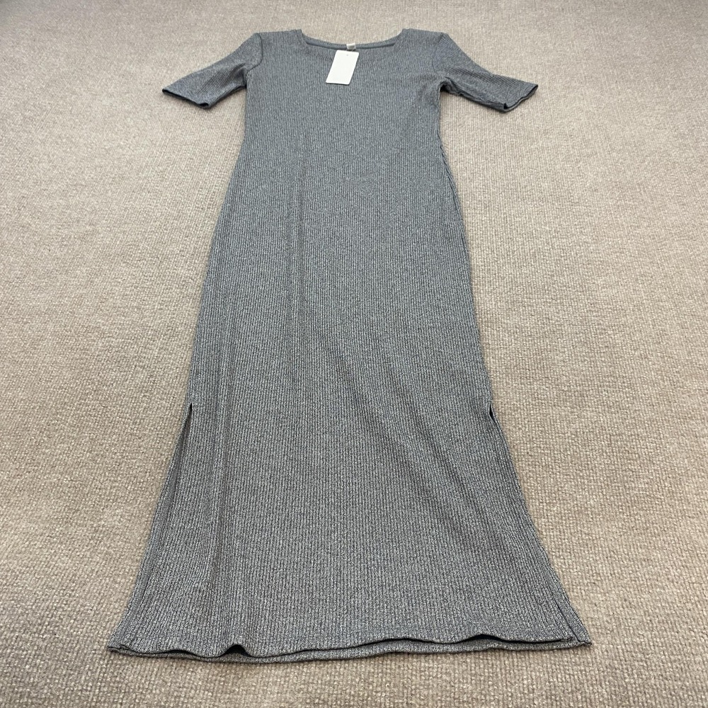 Uniqlo Dress Womens Small Gray Ribbed Knit Long Bodycon Short Sleeve Side Slit